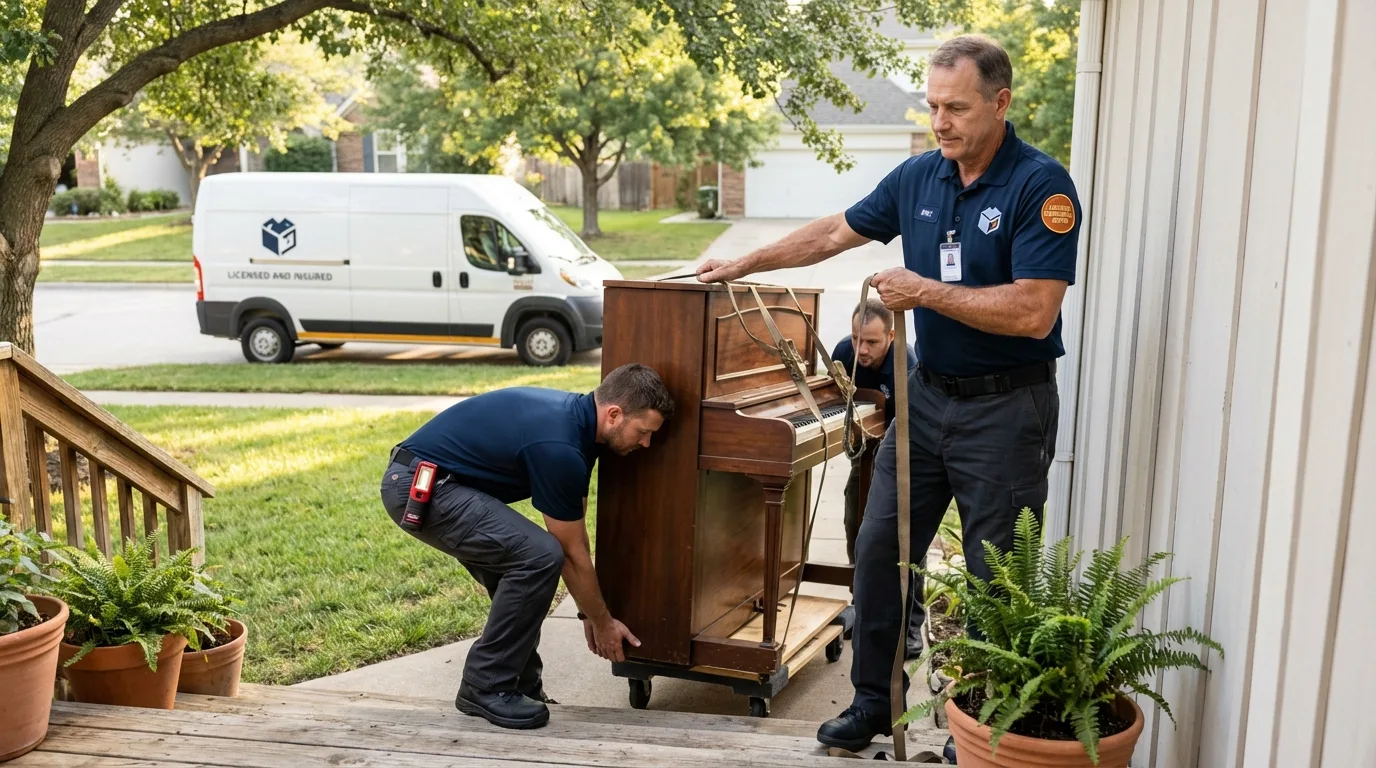 Licensed piano movers securing grand piano in Seattle, WA